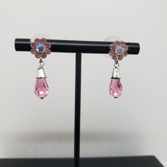 Pink/Clear Flower Dangle Drop Earrings - Picture 4 of 6
